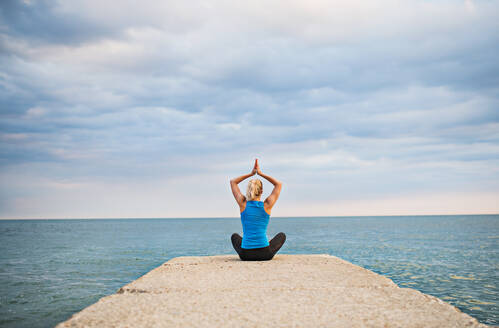 Rückansicht einer jungen, sportlichen Frau, die auf einem Pier sitzt und draußen am Meer Yoga-Übungen macht. Raum kopieren. - HPIF29906