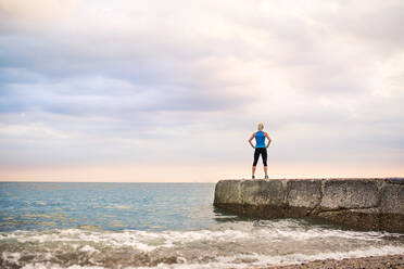 Rückansicht einer jungen sportlichen Frau, die auf einem Steg am Meer steht. - HPIF29907