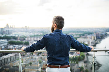 Eine Rückansicht des Hipster-Geschäftsmannes vor dem Panorama von London bei Sonnenuntergang. - HPIF30197