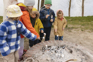 Children roasting marshmallows on fire - VIVF00947