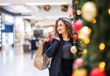 A portrait of happy teenage girl with paper bags in shopping center at Christmas. Copy space. - HPIF30338