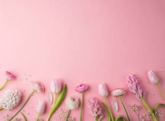 Blumen auf rosafarbenem Hintergrund, Studioaufnahme, Kopiervorlage, Oster- und Frühlingsflachdruck. - HPIF30437