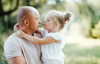 Handsome young father in green sunny summer nature holding his cute small daughter in the arms. - HPIF30561