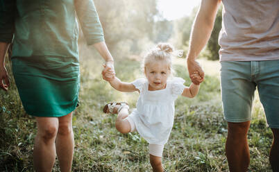 Ein Mittelteil einer jungen Familie mit einer kleinen Tochter, die in der sonnigen Sommernatur spazieren geht und die Hände hält. - HPIF30569