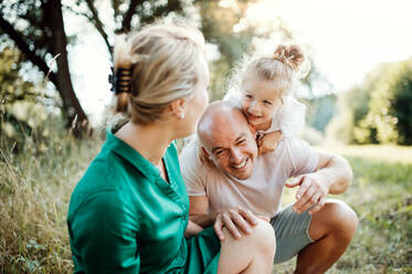 Young family with a small daughter spending time together in sunny summer nature. - HPIF30570