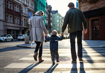 A rear view of small toddler boy with parents crossing a road outdoors in city, holding hands. - HPIF30817