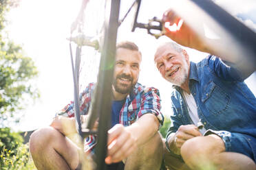 An adult hipster son and senior father repairing bicycle outside on a sunny summer day. - HPIF30905