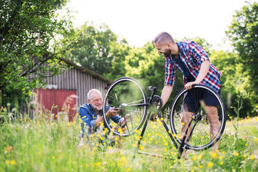 An adult hipster son and senior father repairing bicycle outside on a sunny summer day. - HPIF30907