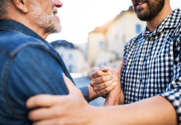 Unrecognizable adult hipster son and his overjoyed senior father in town, greeting. - HPIF30923