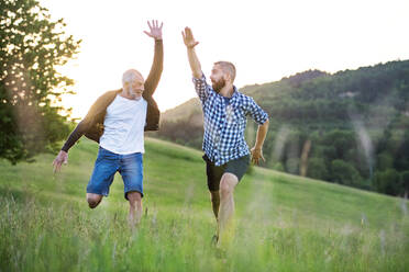 An adult hipster son with his senior father jumping on a meadow in nature at sunset. - HPIF30953