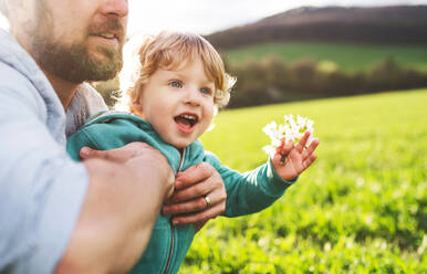 Unrecognizable father with his toddler son outside in green sunny spring nature. - HPIF30986