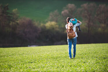 A father with his toddler son on a walk outside in green sunny spring nature, having fun. Rear view. - HPIF30989