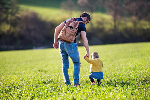 A father with his toddler daughter on a walk outside in green sunny spring nature. Rear view. - HPIF31015