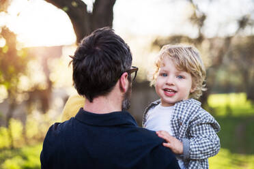 A father holding his toddler son outside in spring nature. Rear view. - HPIF31023