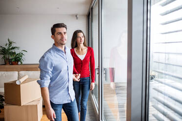 Young happy couple with cardboard boxes moving in a new home. - HPIF31027