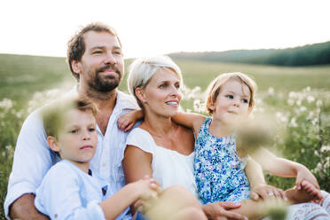 Happy young family with small children spending time together outside in green summer nature at sunset, sitting in the grass. - HPIF31091