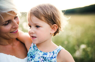 A front view of young mother holding a small daughter in nature. - HPIF31094