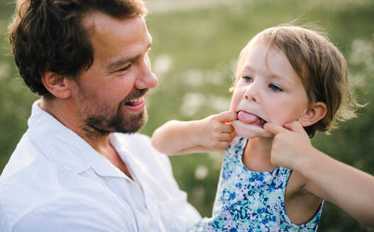 Handsome young father in green sunny summer nature holding his cute small daughter in the arms, having fun. - HPIF31096