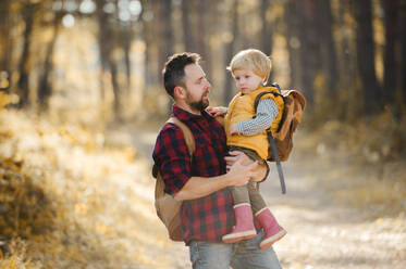 A mature father standing and holding a toddler son in an autumn forest, talking. - HPIF31107