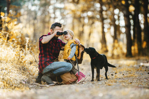 A mature father with a black dog and a toddler son in an autumn forest, using binoculars. - HPIF31111