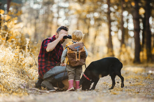 A mature father with a black dog and a toddler son in an autumn forest, using binoculars. - HPIF31112