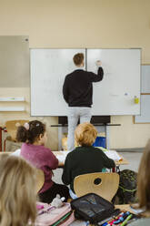 Rear view of male and female students with teacher teaching in background - MASF37212