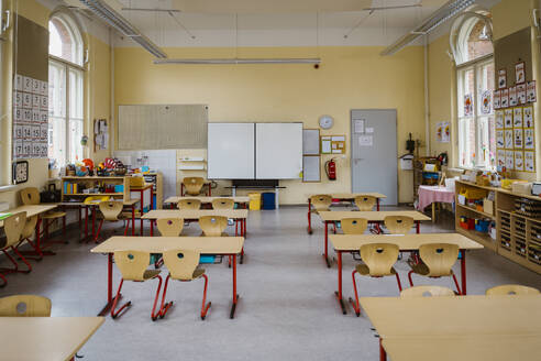 Interior of neat classroom with racks and furniture - MASF37302