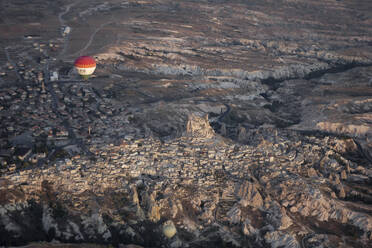 Aerial view of a city with its castle, Uchisar, Cappadocia, Turkey. - AAEF18153