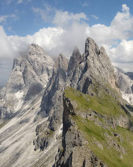 Aerial View of mountain peaks and huts in the Italian Alps in Autumn, Seceda, Dolomites, Italy. - AAEF18154