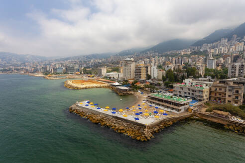 Aerial view of hotels along the coastline, Jounieh, Beirut, Lebanon. - AAEF18164