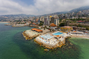 Aerial view of hotels along the coastline, Jounieh, Beirut, Lebanon. - AAEF18165