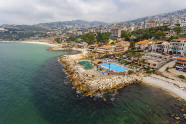Aerial view of hotels along the coastline, Jounieh, Beirut, Lebanon. - AAEF18166