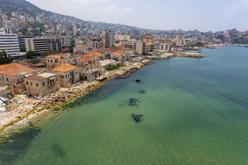 Aerial view of hotels along the coastline, Jounieh, Beirut, Lebanon. - AAEF18167