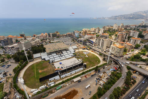 Aerial view of a stage on the football field, Jounieh, Beirut, Lebanon. - AAEF18169