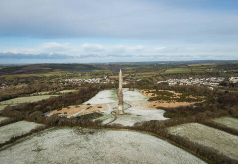 Aerial view of Bodmin Beacon after snow fall, Bodmin, Cornwall, United Kingdom. - AAEF18193