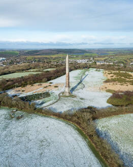 Aerial view of Bodmin Beacon after snow fall, Bodmin, Cornwall, United Kingdom. - AAEF18194