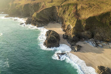 Aerial view of Lantic Bay, secret coves and walks at sunset, Polruan, Cornwall, United Kingdom. - AAEF18195