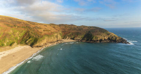 Aerial view of Lantic Bay, secret coves and walks at sunset, Polruan, Cornwall, United Kingdom. - AAEF18197