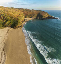 Aerial view of Lantic Bay, secret coves and walks at sunset, Polruan, Cornwall, United Kingdom. - AAEF18198