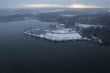 Aerial view of Hundudden harbor in winter, Djurgardsbrunn, Stockholm, Sweden. - AAEF18202