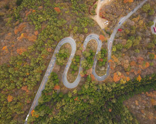 Aerial view of a winding road leading to Mount Haruna during koyo season, Gunma, Japan. - AAEF18207