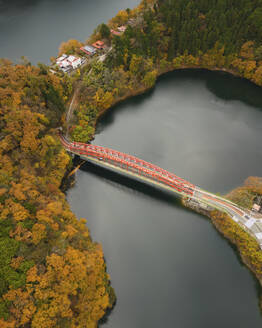 Aerial view of the red Minetani bridge on Lake Okutama during koyo season, Tokyo Japan. - AAEF18219