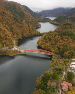 Aerial view of the red Minetani bridge on Lake Okutama during koyo season, Tokyo Japan. - AAEF18221