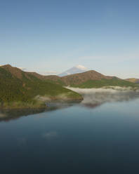 Aerial view of Lake Ashi with Mount Fuji in the background at sunrise, Hakone, Kanagawa, Japan. - AAEF18234