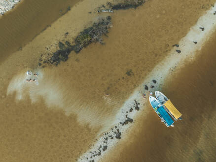 Aerial view of boats along the Salt lakes in Rio Lagartos natural park, Yucatan, Mexico. - AAEF18250