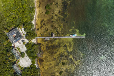 Aerial view of boats anchored at small pier on Cayo Centro small island, Biosfera Natural Reserve, Quintana Roo, Mexico. - AAEF18279