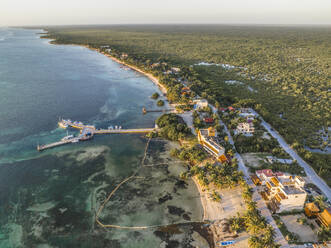 Aerial view of boats moored along a small pier along the coastline, Quintana Roo, Mexico. - AAEF18291