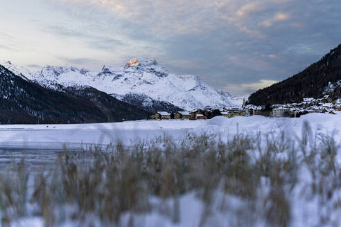 Winter sunrise over the Majestic Piz Da La Margna peak covered with snow, Silvaplana, Engadine, Graubunden canton, Switzerland, Europe - RHPLF24177