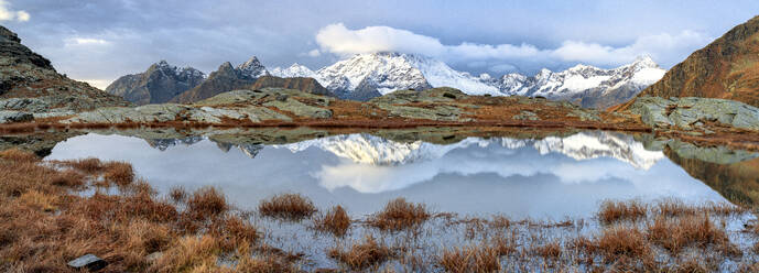 Panoramic of Monte Disgrazia covered with snow in autumn, Alpe Fora, Valmalenco, Valtellina, Sondrio province, Lombardy, Italy, Europe - RHPLF24191