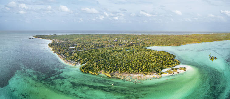 Sunset over lush mangrove forest washed by emerald green water of pristine lagoon, Pingwe, Chwaka Bay, Zanzibar, Tanzania, East Africa, Africa - RHPLF24201